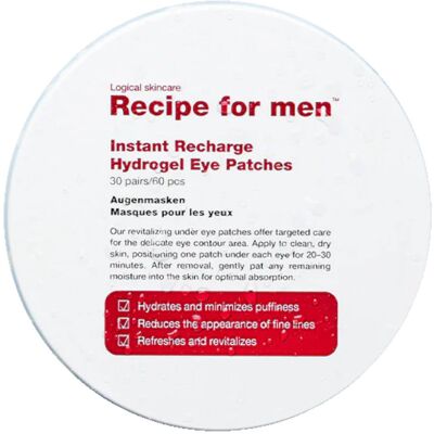 Recipe for Men Instant Recharge Hydrożelowe Płatki pod oczy dla mężczyzn, 30 par/60 sztuk Recipe for Men Instant Recharge Hydrożelowe Płatki pod oczy dla mężczyzn, 30 par/60 sztuk