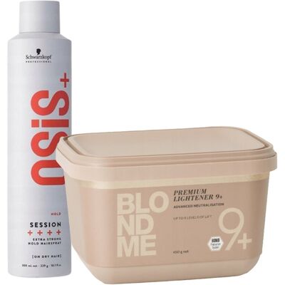 Schwarzkopf Set: BlondMe Premium Lift 9+ lightener 450g + Osis+ Session Extra Strong Hold hairspray 300ml Schwarzkopf Set: BlondMe Premium Lift 9+ lightener 450g + Osis+ Session Extra Strong Hold hairspray 300ml