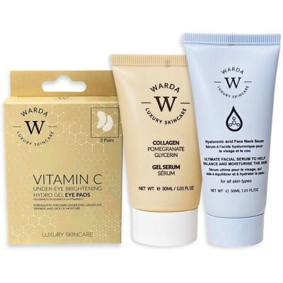 Serum kolagenowe + płatki pod oczy witamina C + serum na twarz i szyję kwas hialuronowy Serum kolagenowe + płatki pod oczy witamina C + serum na twarz i szyję kwas hialuronowy