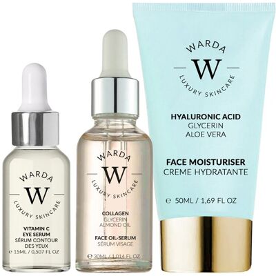 Serum pod oczy Vitamin C Glow Boost 15 ml + olejowe serum kolagenowe 30 ml + krem nawilżający kwas hialuronowy 50 ml Serum pod oczy Vitamin C Glow Boost 15 ml + olejowe serum kolagenowe 30 ml + krem nawilżający kwas hialuronowy 50 ml