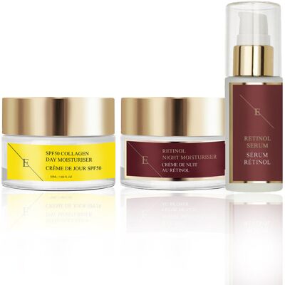 Serum Retinol + krem nawilżający na noc Retinol + kolagenowy krem na dzień SPF Serum Retinol + krem nawilżający na noc Retinol + kolagenowy krem na dzień SPF