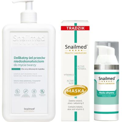 Snailmed Dermokosmetyczny delikatny żel do mycia twarzy przeciw niedoskonałościom dla cery skłonnej do trądziku 500ml + maska przeciwtrądzikowa 25ml.. Snailmed Dermokosmetyczny delikatny żel do mycia twarzy przeciw niedoskonałościom dla cery skłonnej do trądziku 500ml + maska przeciwtrądzikowa 25ml..