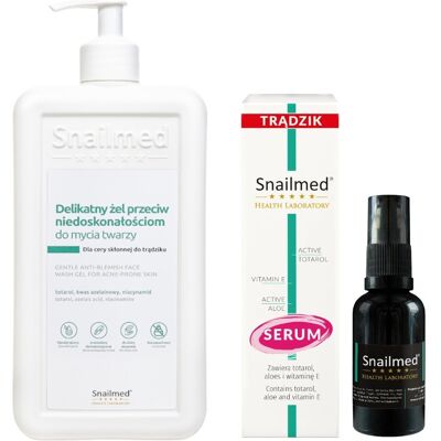 Snailmed Zestaw Dermokosmetyczny delikatny żel do mycia twarzy przeciw niedoskonałościom dla cery skłonnej do trądziku 500ml + Serum Przeciwtrądziko.. Snailmed Zestaw Dermokosmetyczny delikatny żel do mycia twarzy przeciw niedoskonałościom dla cery skłonnej do trądziku 500ml + Serum Przeciwtrądziko..