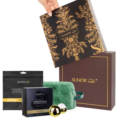 SunewMed+ Zestaw BLACK: Nocne płatki pod oczy 60szt, ESSENCE+ maska 1 szt, Gold kiss 1szt, Kosmetyczka zielona SunewMed+ Zestaw BLACK: Nocne płatki pod oczy 60szt, ESSENCE+ maska 1 szt, Gold kiss 1szt, Kosmetyczka zielona