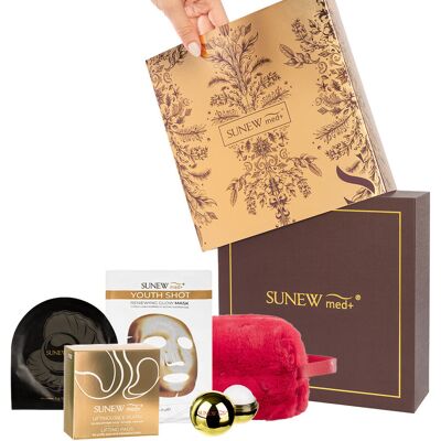SunewMed+ Zestaw GOLD: Płatki pod oczy 60szt, Youth shot maska 1 szt, Gold kiss 1szt, Nocne regenerujące płatki 1 para, Kosmetyczka czerwona SunewMed+ Zestaw GOLD: Płatki pod oczy 60szt, Youth shot maska 1 szt, Gold kiss 1szt, Nocne regenerujące płatki 1 para, Kosmetyczka czerwona