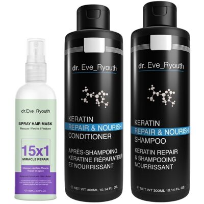 Szampon Keratin Repair & Nourish 300 ml + odżywka 300 ml + maska 15w1 Miracle Repair Spray 100 ml Szampon Keratin Repair & Nourish 300 ml + odżywka 300 ml + maska 15w1 Miracle Repair Spray 100 ml