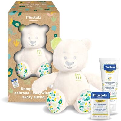 Zestaw Mustela z Cold Cream do skóry suchej, Sztyft ochronny, Odżywczy krem do twarzy, Miś Musti Zestaw Mustela z Cold Cream do skóry suchej, Sztyft ochronny, Odżywczy krem do twarzy, Miś Musti