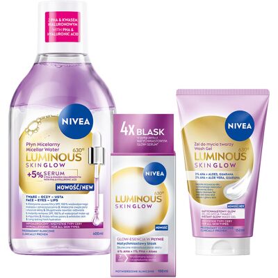 Zestaw NIVEA LUMINOUS SKIN GLOW Esencja Płyn Micelarny Żel do mycia twarzy Zestaw NIVEA LUMINOUS SKIN GLOW Esencja Płyn Micelarny Żel do mycia twarzy