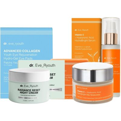 Zestaw pielęgnacyjny Radiance Reset: krem nocny + płatki pod oczy + serum + krem na dzień Zestaw pielęgnacyjny Radiance Reset: krem nocny + płatki pod oczy + serum + krem na dzień
