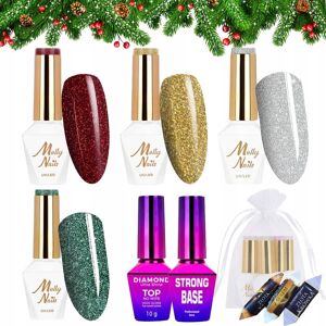 Molly Nails Świąteczny zestaw do paznokci hybrydowych w prezentowym woreczku - 4x brokatowy lakier + baza + top Molly Nails Świąteczny zestaw do paznokci hybrydowych w prezentowym woreczku - 4x brokatowy lakier + baza + top