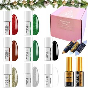 Yoshi Świąteczny zestaw do paznokci hybrydowych w prezentowym pudełku - 4x brokatowy lakier + 4x kolorowy lakier + baza + top + gratis Yoshi Świąteczny zestaw do paznokci hybrydowych w prezentowym pudełku - 4x brokatowy lakier + 4x kolorowy lakier + baza + top + gratis