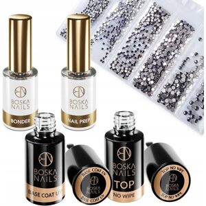 Zestaw do hybrydy Boska Nails Base Coat + Top No Wipe + dehydrator + primer bezkwasowy + 1440x cyrkonii Zestaw do hybrydy Boska Nails Base Coat + Top No Wipe + dehydrator + primer bezkwasowy + 1440x cyrkonii