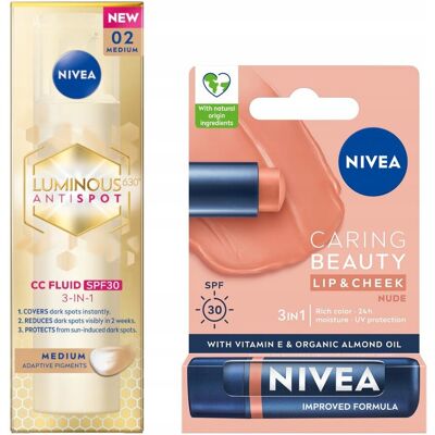 NIVEA LUMINOUS Krem CC na przebarwienia - średni 40ml + Pomadka Nude 4,8g NIVEA LUMINOUS Krem CC na przebarwienia - średni 40ml + Pomadka Nude 4,8g