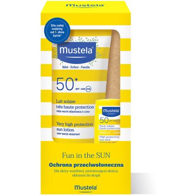 Zestaw Mustela Sztyft SPF50, Mleczko przeciwsłoneczne SPF50+ dla dzieci 100 ml Zestaw Mustela Sztyft SPF50, Mleczko przeciwsłoneczne SPF50+ dla dzieci 100 ml