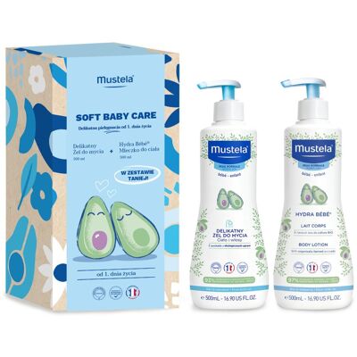 Zestaw Mustela Soft Baby Care Delikatny Żel Do Mycia 500 Ml, Mleczko Do Ciała Hydra Bebe 500 Ml Zestaw Mustela Soft Baby Care Delikatny Żel Do Mycia 500 Ml, Mleczko Do Ciała Hydra Bebe 500 Ml