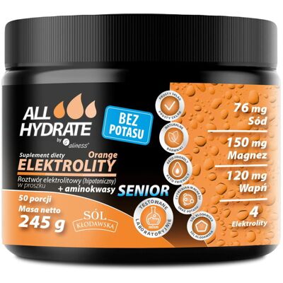 ALLHydrate - Elektrolity Senior - smak pomarańczowy + aminokwasy BEZ POTASU 245 g (50 porcji) ALLHydrate - Elektrolity Senior - smak pomarańczowy + aminokwasy BEZ POTASU 245 g (50 porcji)