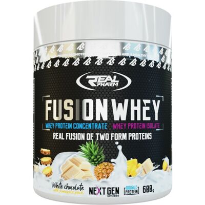 Białko Real Pharm Fusion Whey Odżywka Białkowa - 600G 50/50 Wpi Wpc Biała Czekolada Z Kawałkami Ananasa Białko Real Pharm Fusion Whey Odżywka Białkowa - 600G 50/50 Wpi Wpc Biała Czekolada Z Kawałkami Ananasa