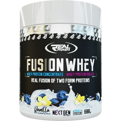Białko Real Pharm Fusion Whey Odżywka Białkowa - 600G 50/50 Wpi Wpc Wanilia Z Kawałkami Jagód Białko Real Pharm Fusion Whey Odżywka Białkowa - 600G 50/50 Wpi Wpc Wanilia Z Kawałkami Jagód