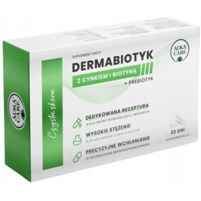 Dermabiotyk z cynkiem i biotyną CZYSTA SKÓRA 30 kapsułek Aura Care Dermabiotyk z cynkiem i biotyną CZYSTA SKÓRA 30 kapsułek Aura Care