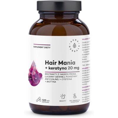 Suplement diety, Aura Herbals, Hair Mania + keratyna 20mg 120 kapsułek Suplement diety, Aura Herbals, Hair Mania + keratyna 20mg 120 kapsułek