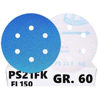 50x Krążki PS21 150mm P60 GLS3 6-otworów Papier ścierny na rzep KLINGSPOR 50x Krążki PS21 150mm P60 GLS3 6-otworów Papier ścierny na rzep KLINGSPOR
