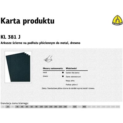 Arkusze ścierne na podłożu płóciennym KLINGSPOR kl375j, 230x280 mm, gr. 400, 50 szt Arkusze ścierne na podłożu płóciennym KLINGSPOR kl375j, 230x280 mm, gr. 400, 50 szt