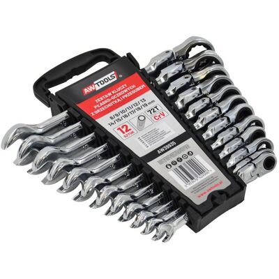 AWTOOLS klucze płasko-oczkowe z grzechotką przegubowe komplet 12szt. 8-19mm. AWTOOLS klucze płasko-oczkowe z grzechotką przegubowe komplet 12szt. 8-19mm.