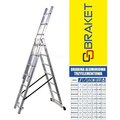 BRAKET Drabina Aluminiowa 3-Elementowa 640Cm 11+11+11 Szczebli BRAKET Drabina Aluminiowa 3-Elementowa 640Cm 11+11+11 Szczebli