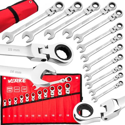 Verke KLUCZE PŁASKO OCZKOWE Z GRZECHOTKĄ PRZEGUBEM ŁAMANE ZESTAW 8-19mm 12szt Verke KLUCZE PŁASKO OCZKOWE Z GRZECHOTKĄ PRZEGUBEM ŁAMANE ZESTAW 8-19mm 12szt