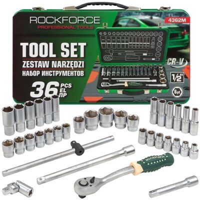 Rock Force Komplet narzędzi 36 el. nasadki grzechotka cr-v 1/2' 8-32mm 6-kątne Rock Force Komplet narzędzi 36 el. nasadki grzechotka cr-v 1/2' 8-32mm 6-kątne