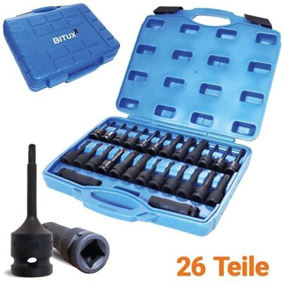 BITUXX Profesjonalny 26‑częściowy zestaw nasadek 1/2″ - nasadki, bity Torx i wielozębate do warsztatu, garażu BITUXX Profesjonalny 26‑częściowy zestaw nasadek 1/2″ - nasadki, bity Torx i wielozębate do warsztatu, garażu