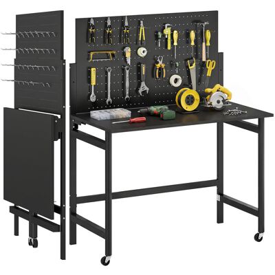 Stół warsztatowy HOMCOM z płytą perforowaną, 115 x 62 x 143,5 cm, składany, mobilny stół warsztatowy z kółkami, gruby blat, stalowa rama, haki, stół.. Stół warsztatowy HOMCOM z płytą perforowaną, 115 x 62 x 143,5 cm, składany, mobilny stół warsztatowy z kółkami, gruby blat, stalowa rama, haki, stół..