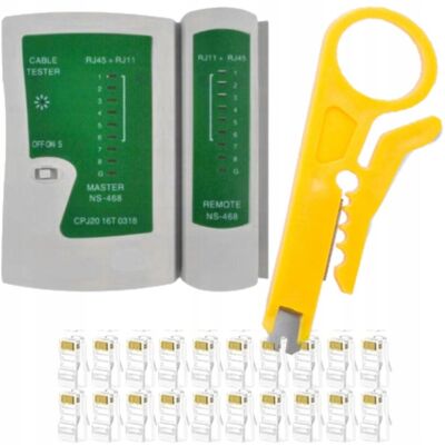 Inny producent Tester Sieciowy, Kabli, Zaciskarka, Ściągacz Izolacji + 100 Wtyków Rj45 Inny producent Tester Sieciowy, Kabli, Zaciskarka, Ściągacz Izolacji + 100 Wtyków Rj45