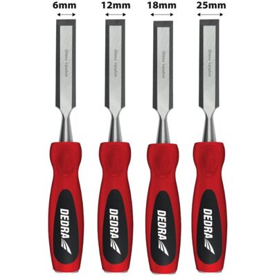 Zestaw dłut do drewna DEDRA 06C045 4szt: 6, 12, 18, 25mm, stal CrV Zestaw dłut do drewna DEDRA 06C045 4szt: 6, 12, 18, 25mm, stal CrV