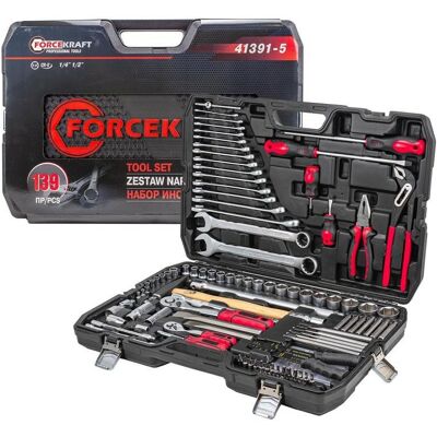 Zestaw komplet narzędzi bity głowice nasadki grzechotka klucze 1/4' 1/2' 139el 4-32mm 6-kątnych FORCEKRAFT Zestaw komplet narzędzi bity głowice nasadki grzechotka klucze 1/4' 1/2' 139el 4-32mm 6-kątnych FORCEKRAFT