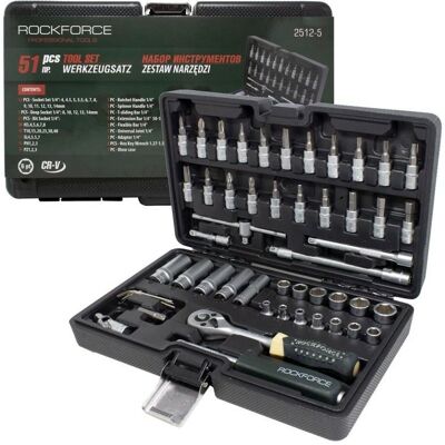 Zestaw komplet narzędzi narzędziowy klucze nasadowe nasadki bity 51el. 1/4' 4-14mm 6-kątne ROCKFORCE Zestaw komplet narzędzi narzędziowy klucze nasadowe nasadki bity 51el. 1/4' 4-14mm 6-kątne ROCKFORCE