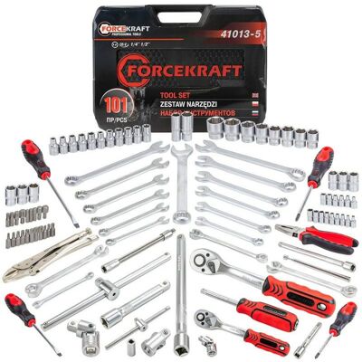 Zestaw komplet narzędzi nasadki bity klucze głowice grzechotki 1/4' 1/2' 101el 4-32mm 6-kątnych FORCEKRAFT Zestaw komplet narzędzi nasadki bity klucze głowice grzechotki 1/4' 1/2' 101el 4-32mm 6-kątnych FORCEKRAFT
