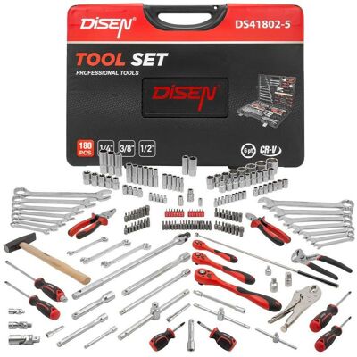 Inny producent Zestaw komplet narzędzi walizka nasadki bity głowice grzechotki klucze 180el 1/4' 3/8' 1/2' 4-32mm 6-kątnych DISEN Inny producent Zestaw komplet narzędzi walizka nasadki bity głowice grzechotki klucze 180el 1/4' 3/8' 1/2' 4-32mm 6-kątnych DISEN