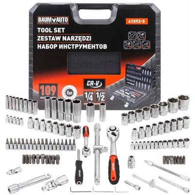BaumAuto Zestaw narzędzi 1/2' 1/4' 109 el nasadki klucze grzechotka 6-kątne 4-22mm BaumAuto Zestaw narzędzi 1/2' 1/4' 109 el nasadki klucze grzechotka 6-kątne 4-22mm