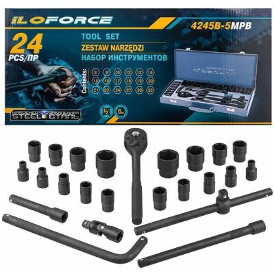 iLOforce Zestaw narzędzi 1/2' 24el. Nasadki 6-kątne 8–32 mm Grzechotka Akcesoria iLOforce Zestaw narzędzi 1/2' 24el. Nasadki 6-kątne 8–32 mm Grzechotka Akcesoria