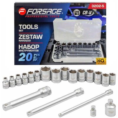 Zestaw Narzędzi NASADKI PRZEDŁUŻKI ADAPTER 3/8' 20el. NASADKA 6-22mm Forsage Zestaw Narzędzi NASADKI PRZEDŁUŻKI ADAPTER 3/8' 20el. NASADKA 6-22mm Forsage