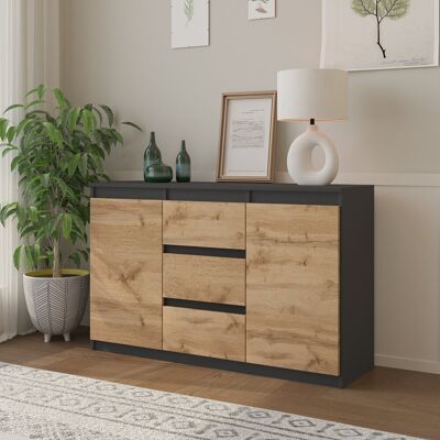 Furnica KOMODA 120 CM ANTRACYT / DĄB WOTAN 3 SZUFLADY, 2 DRZWI, 2 PÓŁKI SALON Furnica KOMODA 120 CM ANTRACYT / DĄB WOTAN 3 SZUFLADY, 2 DRZWI, 2 PÓŁKI SALON