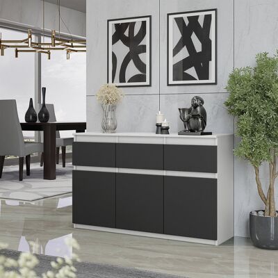 Furnica KOMODA 120 CM BIAŁY MAT / ANTRACYT 3 SZUFLADY, 3 DRZWI, 3 PÓŁKI SALON Furnica KOMODA 120 CM BIAŁY MAT / ANTRACYT 3 SZUFLADY, 3 DRZWI, 3 PÓŁKI SALON