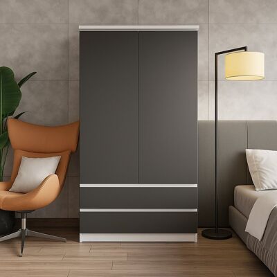 Furnica SZAFA 90 CM JOELLE BIAŁY MAT/ANTRACYT 2 DRZWI 2 SZUFLADY 3 PÓŁKI Furnica SZAFA 90 CM JOELLE BIAŁY MAT/ANTRACYT 2 DRZWI 2 SZUFLADY 3 PÓŁKI