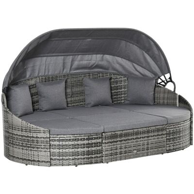 Outsunny Rattan Sun Island, leżanka 4-częściowa z osłoną przeciwsłoneczną, zestaw siedzisk, 4 poduszki, metal, szary, 230 x 145 x 80 cm Outsunny Rattan Sun Island, leżanka 4-częściowa z osłoną przeciwsłoneczną, zestaw siedzisk, 4 poduszki, metal, szary, 230 x 145 x 80 cm