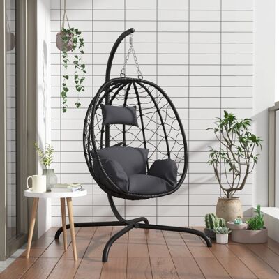 The Living Store Wiszące krzesło kokon z poduszką - antracytowe - rattan PE i stal - Wiszące Krzesło The Living Store Wiszące krzesło kokon z poduszką - antracytowe - rattan PE i stal - Wiszące Krzesło