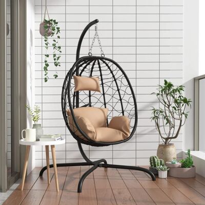 The Living Store Wiszące krzesło kokon z poduszką - kolor taupe - rattan PE i stal - Wiszące Krzesło The Living Store Wiszące krzesło kokon z poduszką - kolor taupe - rattan PE i stal - Wiszące Krzesło