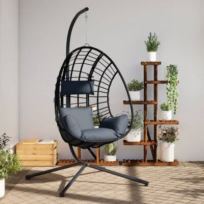 The Living Store Wiszące krzesło kokon ze stojakiem - antracytowe - rattan i stal - Wiszące Krzesło The Living Store Wiszące krzesło kokon ze stojakiem - antracytowe - rattan i stal - Wiszące Krzesło