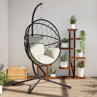 The Living Store Wiszące krzesło kokon ze stojakiem - beżowe - rattan i stal - Wiszące Krzesło The Living Store Wiszące krzesło kokon ze stojakiem - beżowe - rattan i stal - Wiszące Krzesło