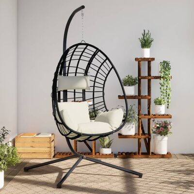 The Living Store Wiszące krzesło kokon ze stojakiem - beżowe - rattan i stal - Wiszące Krzesło The Living Store Wiszące krzesło kokon ze stojakiem - beżowe - rattan i stal - Wiszące Krzesło